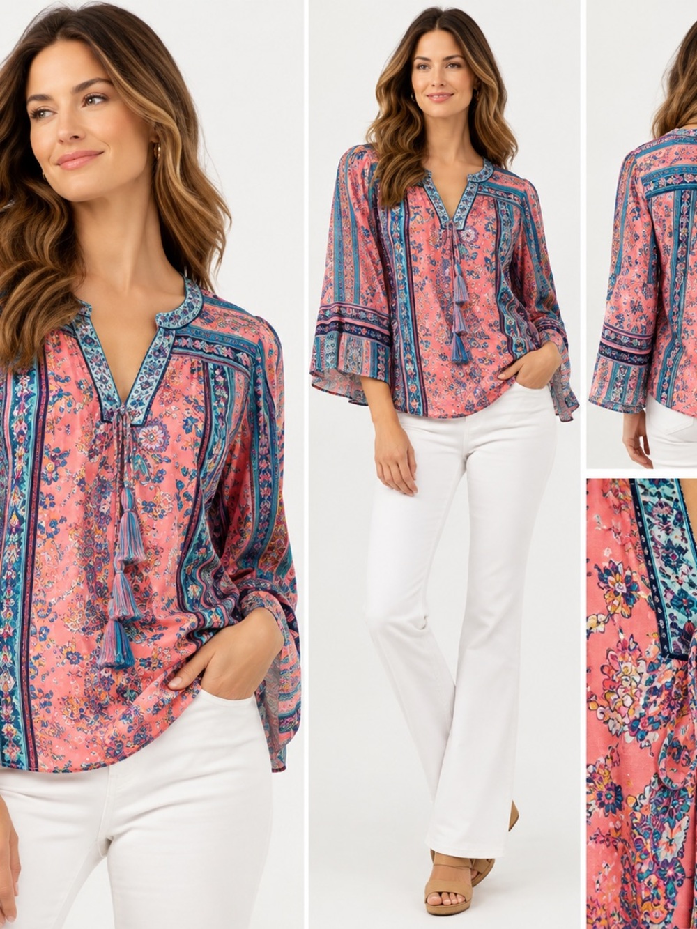 Hale Bob Boho Tassel Peasant Blouse - Pink Floral